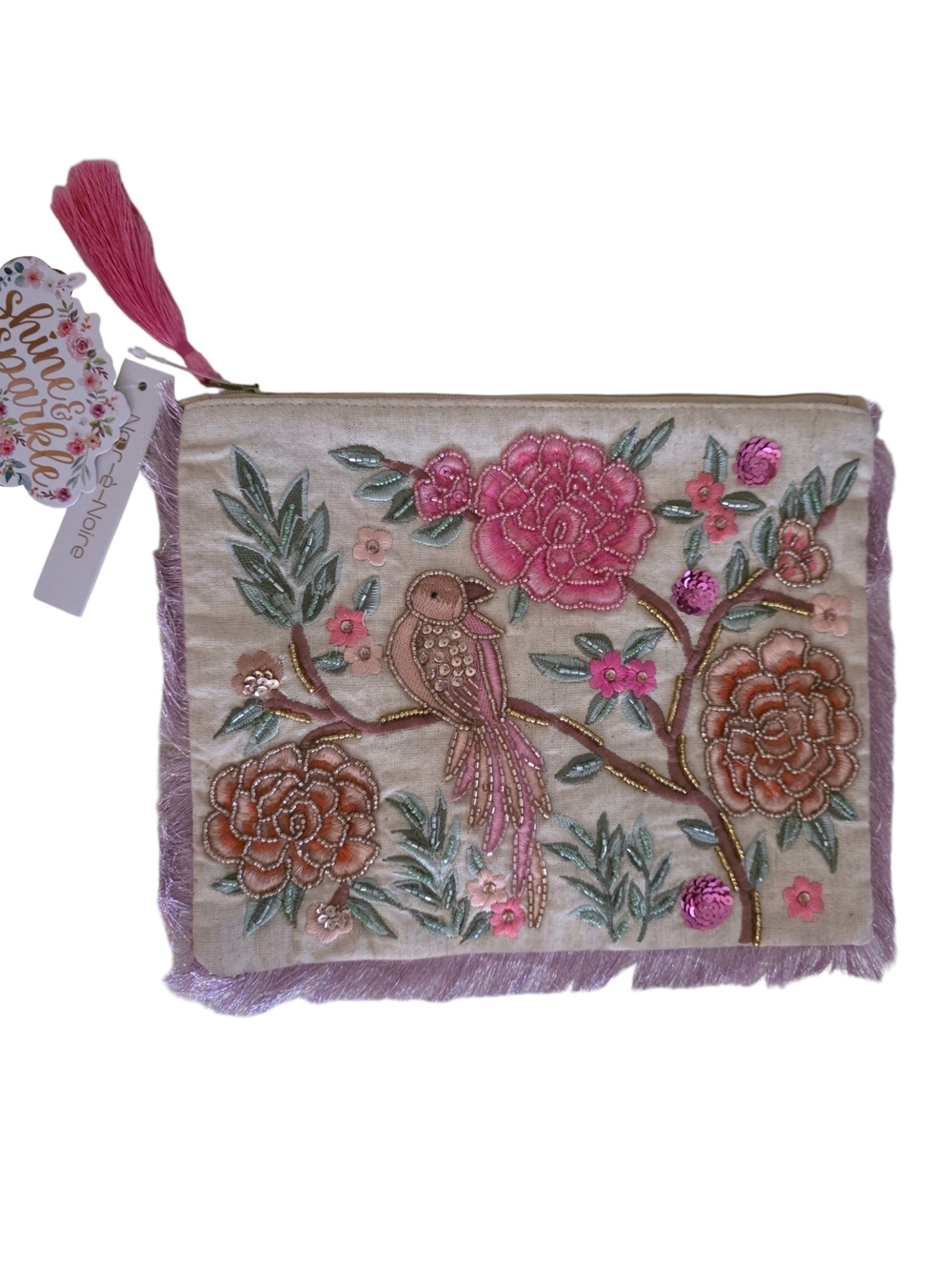 Beaded & Embroidered Pink Floral & Bird Cloth Zipper Pouch Bag Fringe Trim NWT